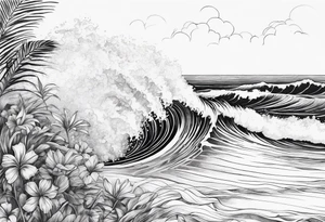wave,, flower, palm, sea tattoo idea