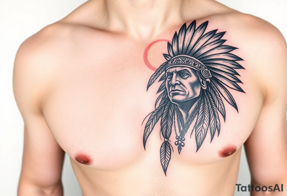 Indian warrior black and red on left chest male tattoo idea
