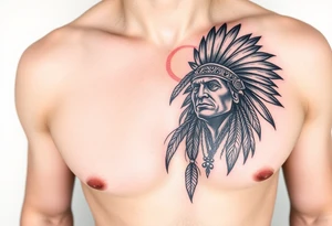Indian warrior black and red on left chest male tattoo idea