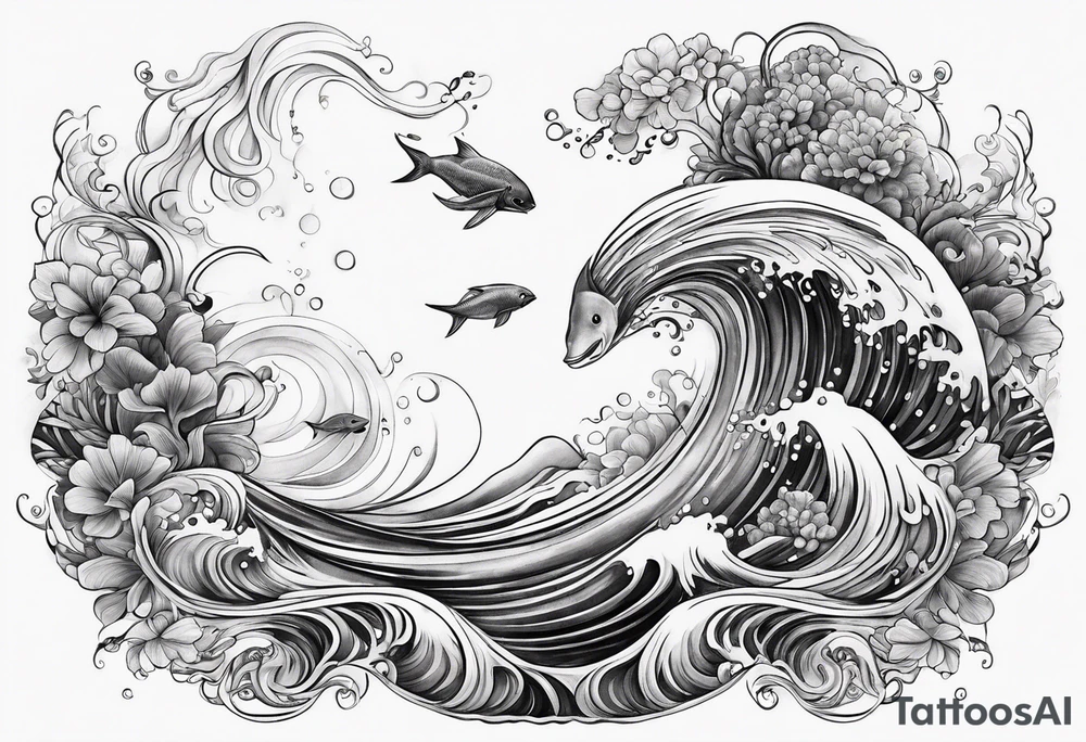 Ocean creatures feminine cascading upwards tattoo idea