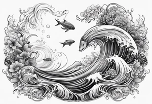 Ocean creatures feminine cascading upwards tattoo idea
