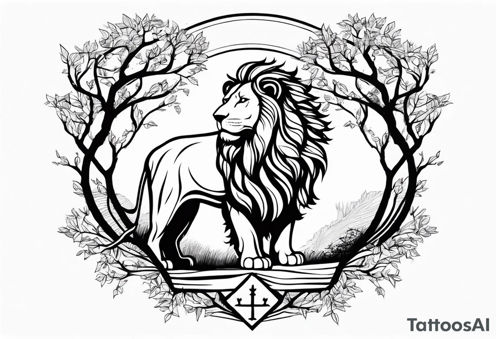 The lion of Judah, which is Jesus Christ, is tied and intertwined within a maple tree. tattoo idea
