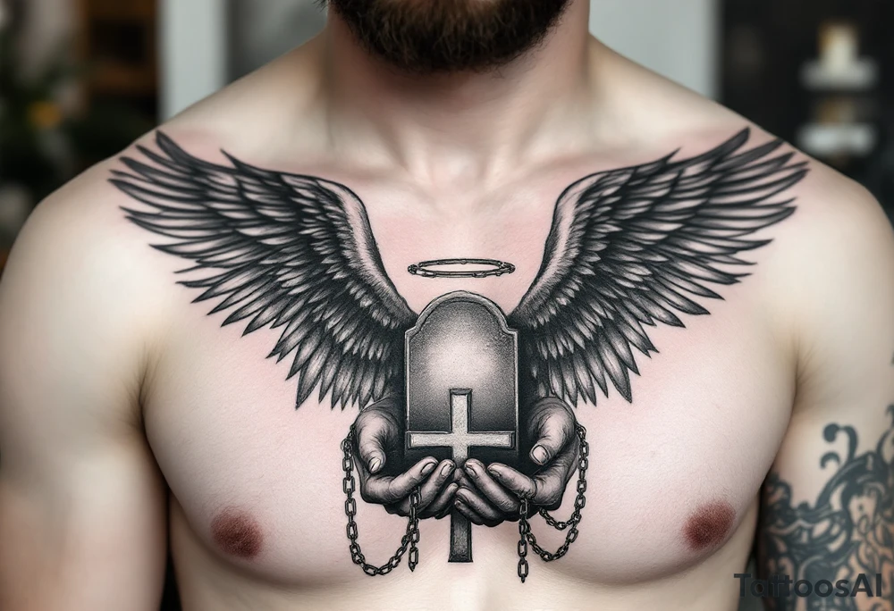 Angel hold headstone in hands with a cross chain hanging down with large wings tattoo idea