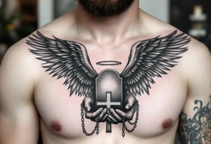 Angel hold headstone in hands with a cross chain hanging down with large wings tattoo idea