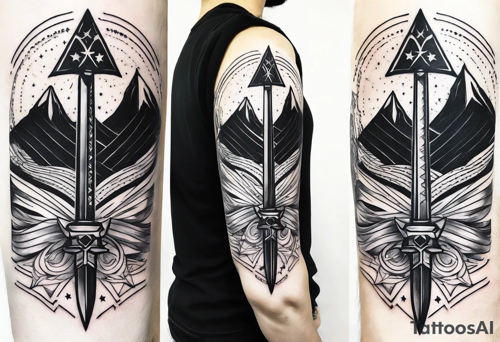 complete upper arm sleeve. Feature three mountain side by side, with 3 stars above them crossed sword patterns that evoke the Valkyrie spirit. Keep the design in clean, simple lines. tattoo idea