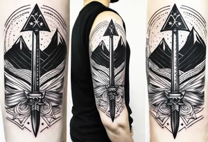 complete upper arm sleeve. Feature three mountain side by side, with 3 stars above them crossed sword patterns that evoke the Valkyrie spirit. Keep the design in clean, simple lines. tattoo idea