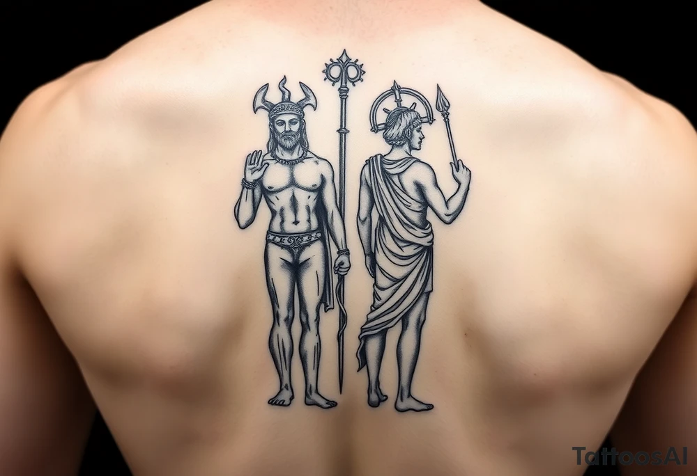 dionysos and apollo standing back on back tattoo idea