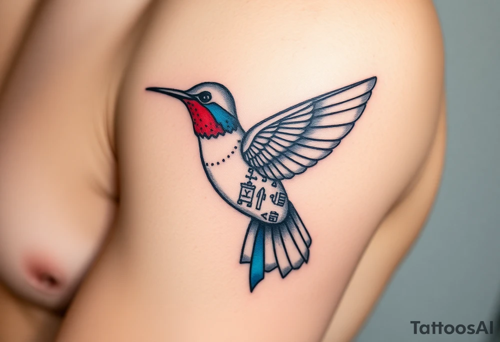 A hummingbird made of sand and hieroglyphs(only red , blue and black are possible colors) tattoo idea