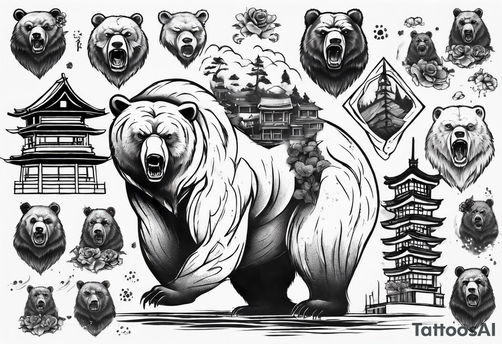 Serious bear coming up behind a city tattoo idea