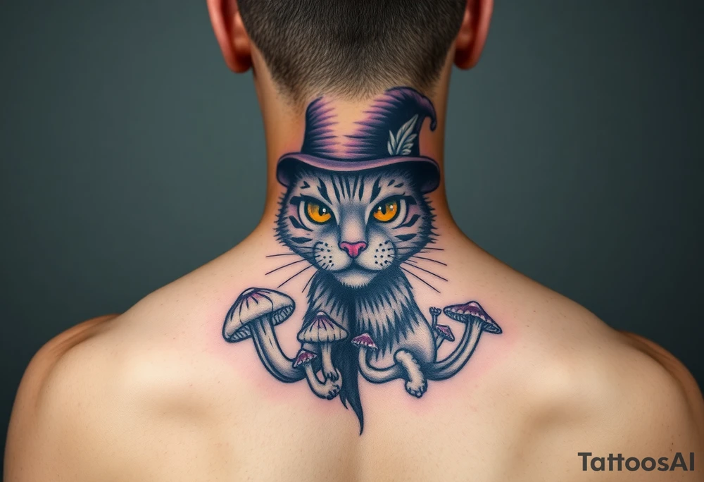 coloured cheshire cat, with top hat and mushrooms tattoo idea