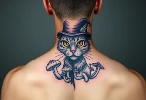 coloured cheshire cat, with top hat and mushrooms tattoo idea