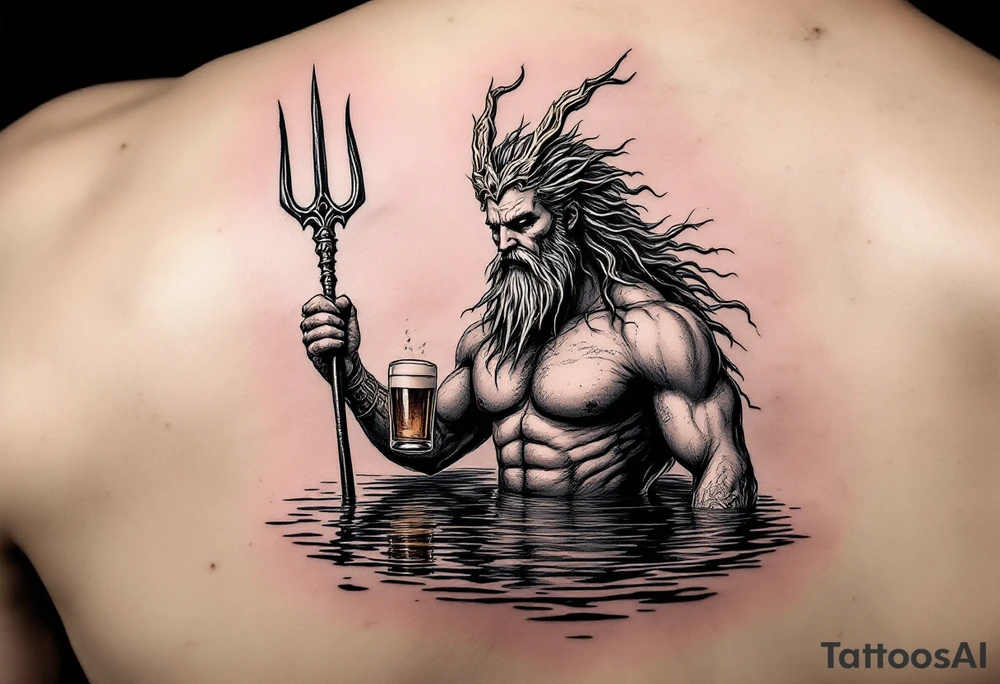 poseidon in calm water, holding a trident, holding a beer tattoo idea
