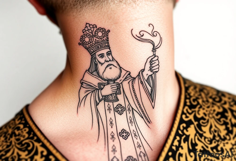 A Russian Orthodox Priest in full gold vestments swinging a censer with smoke curling upward 

The ornate robes give incredible fine line detail
The incense smoke could flow and connect to other elements
It ties directly into the church and Virgin Mary you already have
Very culturally authentic to the overall theme tattoo idea