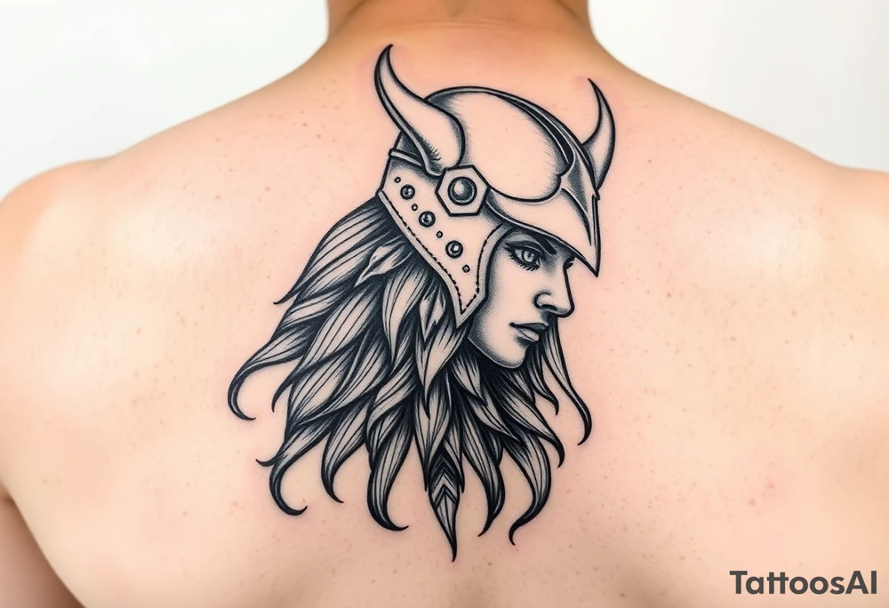 Realistic viking Valkyrie with helmet side profile tattoo idea