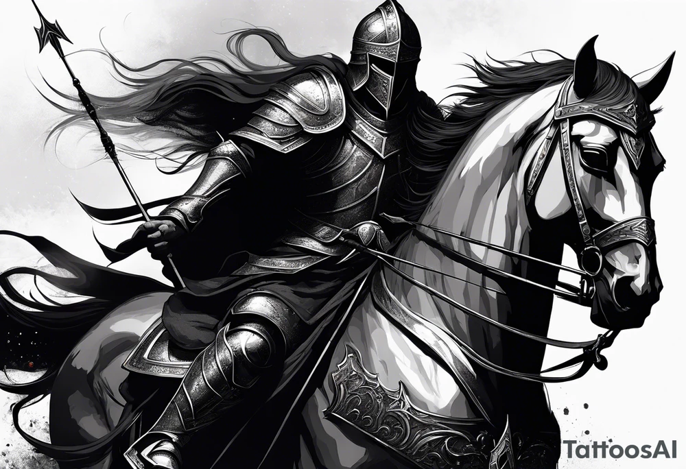 Dark art of the first horseman of the apocalypse. Wearing iron armor with a crown-shaped helmet, carrying a bow and arrows in one hand, he rides a white horse that is strong and slender, wearing shiny ornaments on his face. The horseman's face cannot be seen, as it is obscured by the darkness and fog in the image. tattoo idea