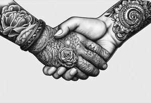 a human hand and a bone hand handshaking tattoo idea