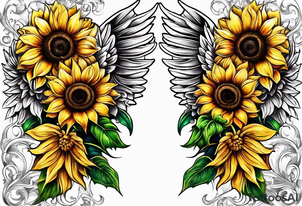 Sunflowers and angel wings leg sleeve tattoo idea