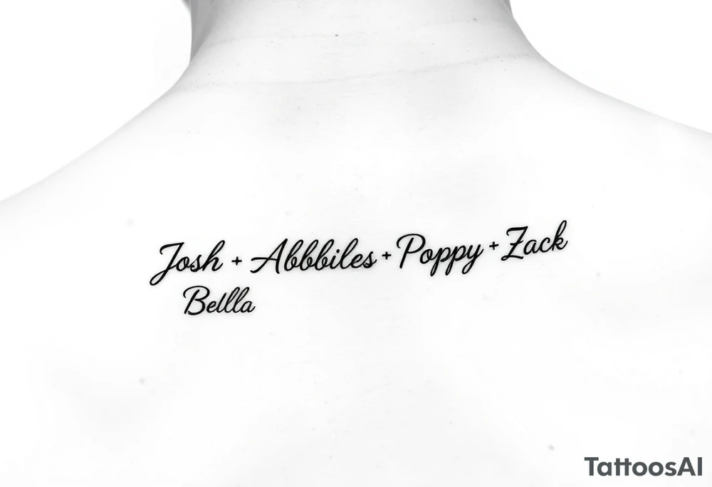an ankle tattoo with the names Josh•Abbie•Poppy•Zac•Jack•Bella•Oscar•Jude•Jaxson tattoo idea