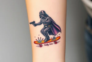 Darth Vader skateboarding with gun> bullets > memorial > god > colors > futuristic 
add name "Darth Carter" on skateboard
add date in loving memory 12/29/88-01/06/24 tattoo idea
