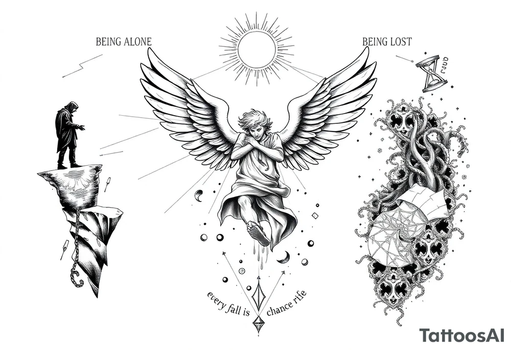 A detailed blackwork and fine line tattoo design, to be placed on a forearm, in the specific illustrative and dotwork engraving style. The central and most prominent element is a large, powerful illustration of a falling male angel with expansive, detailed wings, as depicted in the reference image. He is descending amidst abstract geometric lines and circles. Above him is a sunburst element with radiating lines and dots. The text "every fall is a chance to rise" is integrated around this central figure, split into two parts.
​Surrounding this centerpiece, the four key phases of life are interconnected:
​Upper Section (Framing the fall):
​To the left, "BEING ALONE" is symbolized by a solitary, cloaked figure on a cliff edge overlooking a void, with broken chains and a cracked hourglass.
​To the right, "BEING LOST" is depicted as a tangled forest of thorny vines and a stormy sea with a broken compass and a tattered map. The text "BEING ALONE" and "LOST" are included.
​Lower Section (Symbolizing the rise):
​Below the central geometric elements, "FINDING PURPOSE" is featured with a radiating lighthouse, a clear compass, and an illuminated scroll with symbols. The text "FINDING PURPOSE" is included.
​At the very bottom, "RISING AGAIN" is shown as a magnificent phoenix rising from flames, with balanced scales and a crowned figure ascending. The text "RISING AGAIN" is included.
​Style Notes:
​The entire tattoo is rendered in black ink only, using fine lines, deep black shading, cross-hatching, and extensive dotwork to create texture, depth, and a classic engraving feel.
​All elements are interconnected with subtle flowing lines, geometric patterns, and dotted pathways, creating a cohesive and powerful narrative around the central theme of falling and rising. tattoo idea