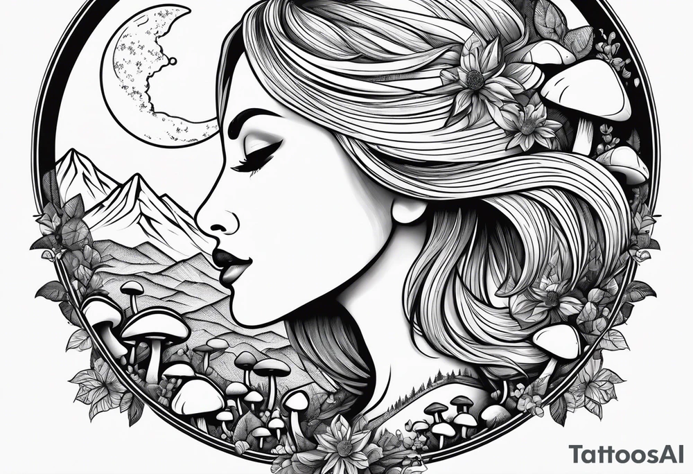 Fat older blonde woman long hair small lips surrounded by mushrooms crescent moon mountains background "GRACEFUL" tattoo idea