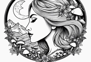 Fat older blonde woman long hair small lips surrounded by mushrooms crescent moon mountains background "GRACEFUL" tattoo idea