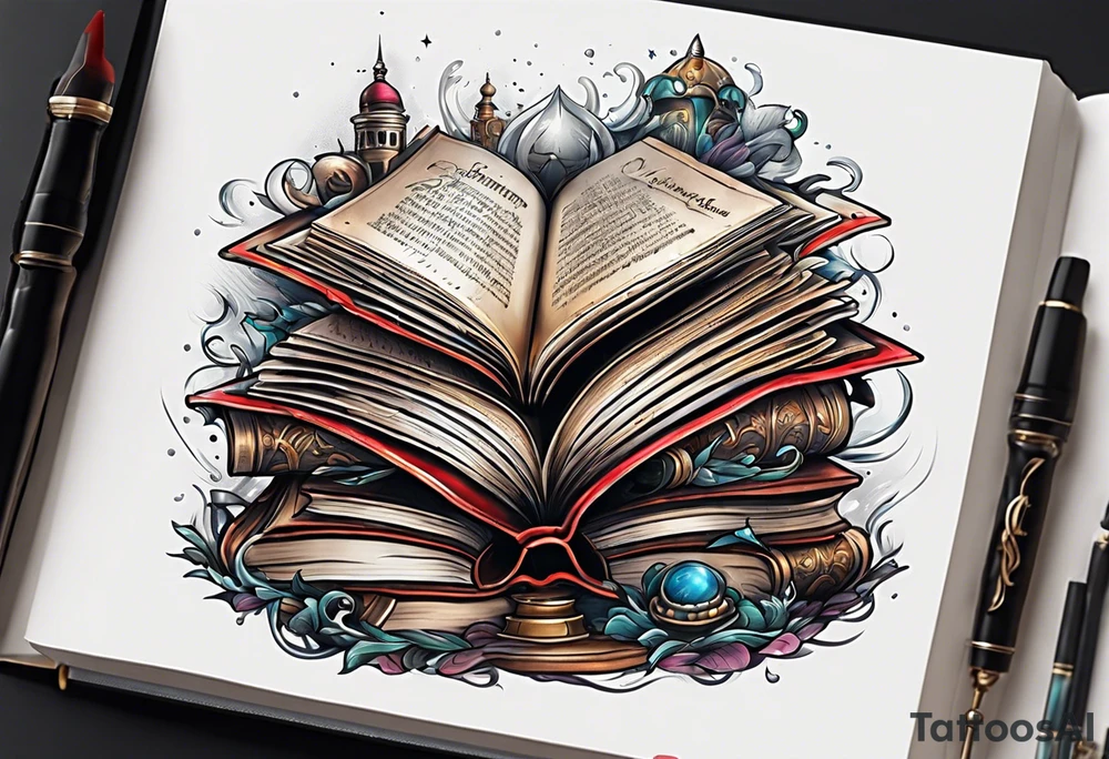 pile of open books no background tattoo idea