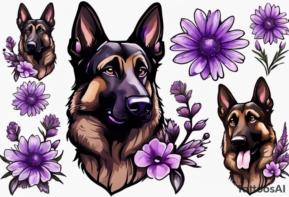 Dark brown German shepherd with purple daisies tattoo idea