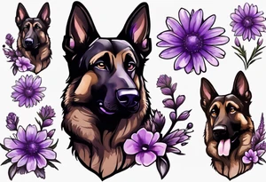 Dark brown German shepherd with purple daisies tattoo idea