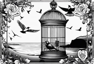 An open birdcage, with a bird flying out, on the Oregon 
beach tattoo idea