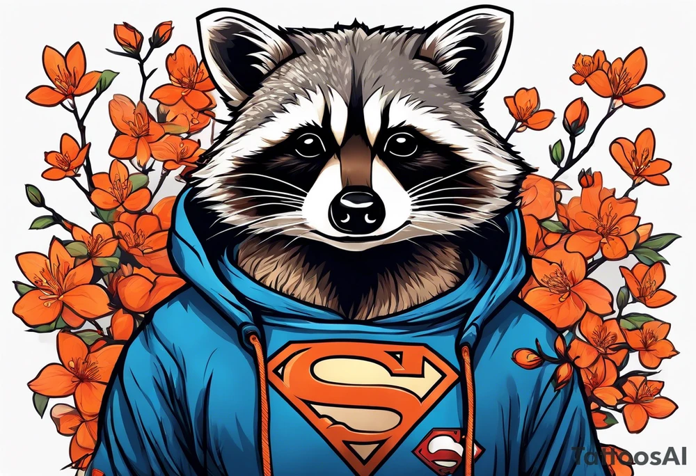 raccoon wearing a Superman hoodie with orange Japanese cherry blossoms tattoo idea