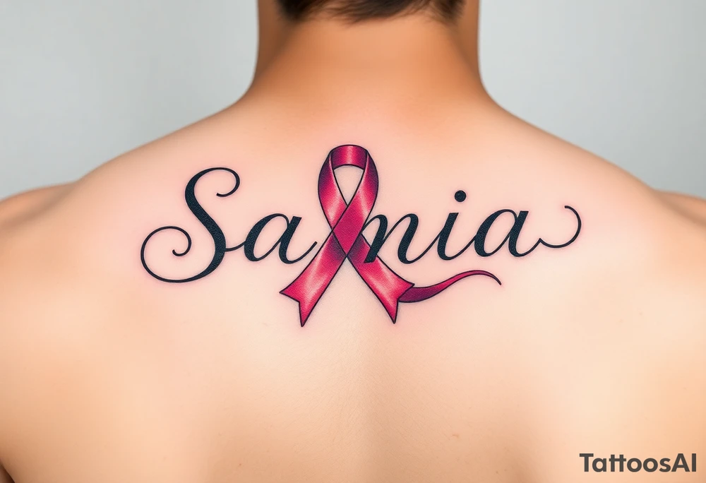 The name Samia. With a breast cancer (in pink) ribbon flowing off the last a. tattoo idea