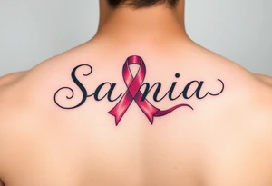 The name Samia. With a breast cancer (in pink) ribbon flowing off the last a. tattoo idea
