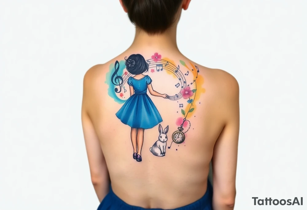 Back view of the silhouette of a girl in a blue dress. She is following a small white rabbit towards a colorful swirl with music notes, books, and flowers. A pocket watch is at the end of the swirl. tattoo idea