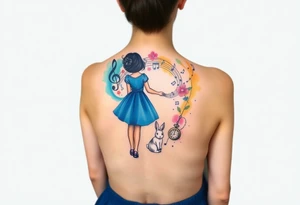 Back view of the silhouette of a girl in a blue dress. She is following a small white rabbit towards a colorful swirl with music notes, books, and flowers. A pocket watch is at the end of the swirl. tattoo idea