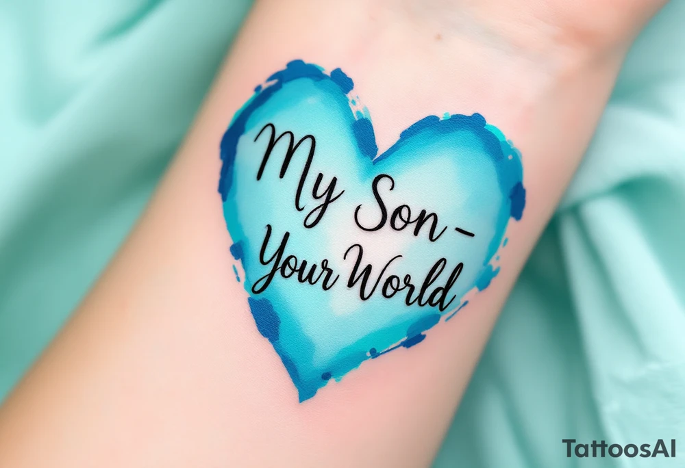 A watercolor heart filled with sky blue and mint green, with the words “My Son - My World” in black ink. tattoo idea