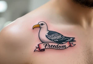 Traditional Albatross with Banner – A classic tattoo-style albatross with a bold black outline, white feathers, yellow beak, and a red ribbon banner below reading “Freedom.” tattoo idea