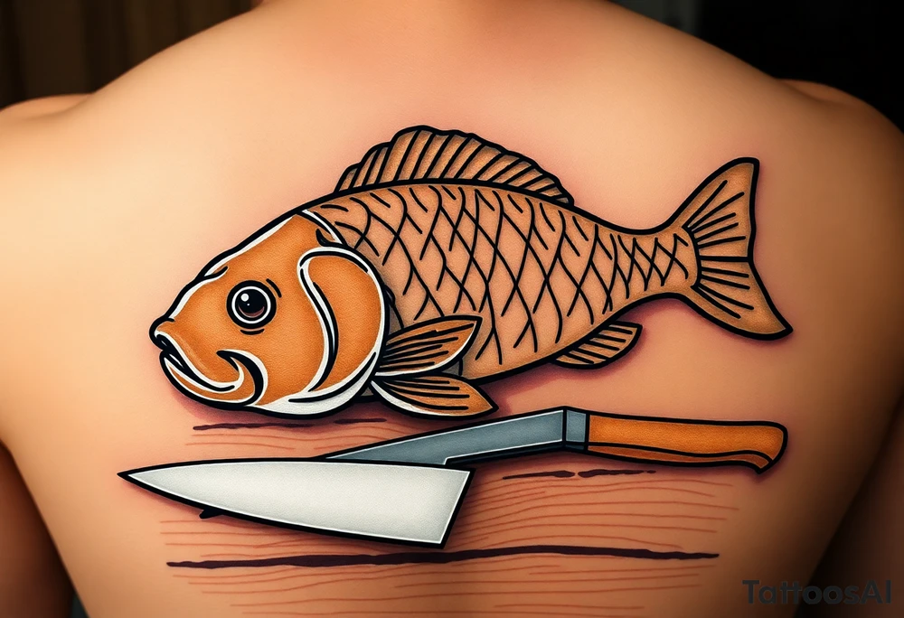 A carp resting on a wooden table with a sharp knife nearby, symbolizing the Czech Christmas tradition, in muted browns and soft golden tones. tattoo idea