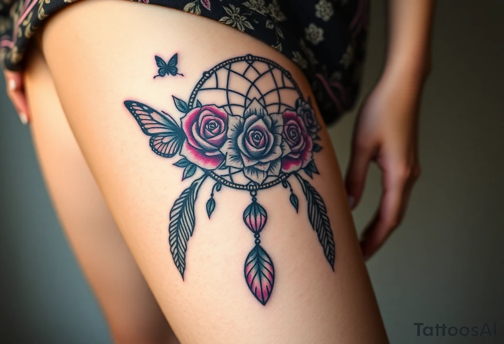 Beautiful Dreamcatcher roses and butterflies tattoo idea