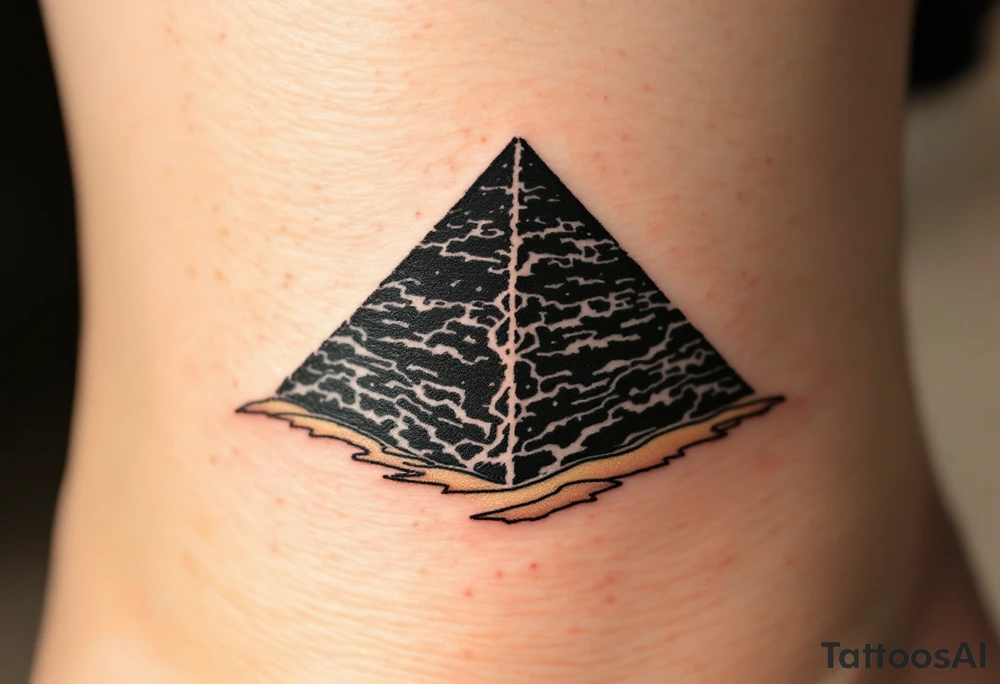 A jet-black pyramid casting a shadow over a golden sand dune. tattoo idea