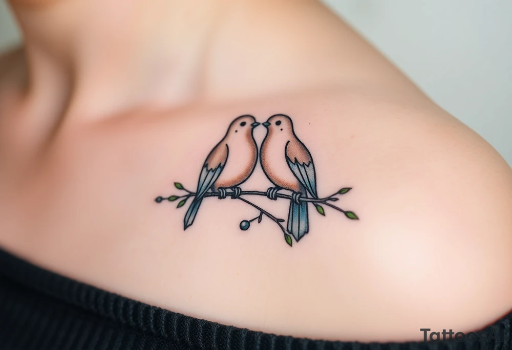 A pair of collared doves perched on intertwined branches, with shades of soft beige, pale blue, and subtle touches of green tattoo idea