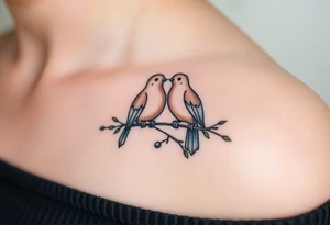 A pair of collared doves perched on intertwined branches, with shades of soft beige, pale blue, and subtle touches of green tattoo idea