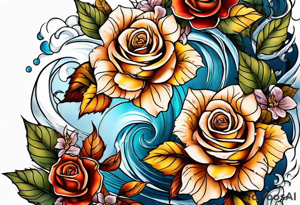 thigh tattoo with fall colors showing, flowers, roses, water flow, and sky tattoo idea