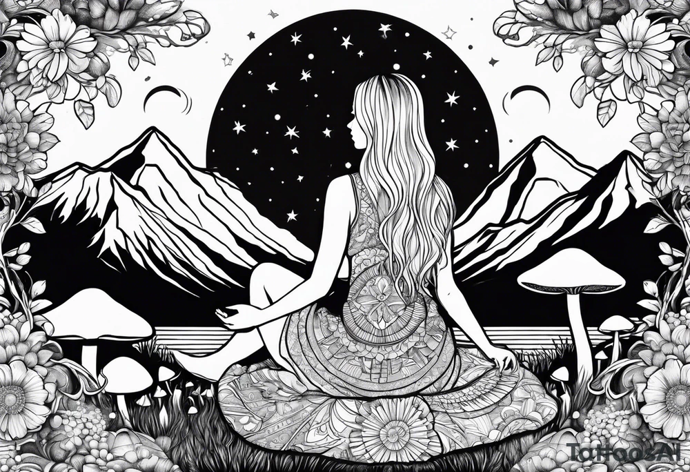 Straight blonde hair girl meditating facing away toward mountains surrounded by mushrooms crescent moon mandala circular design black and white striped dress tattoo idea