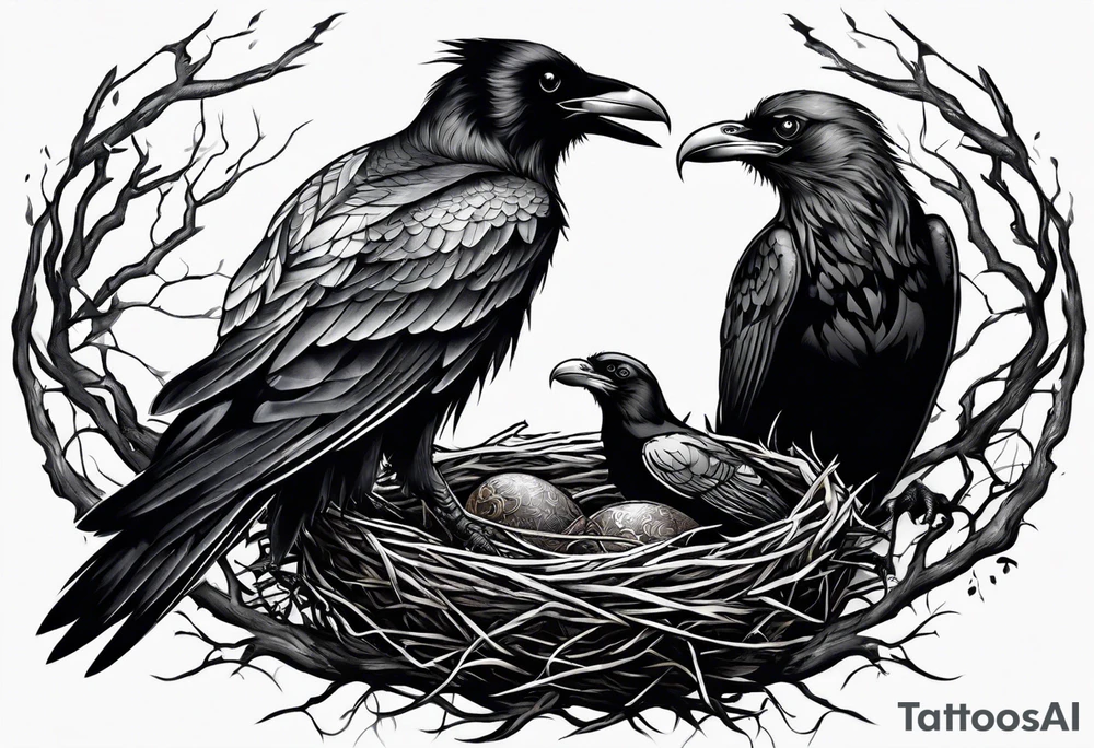 raven and osprey sharing nest tattoo idea