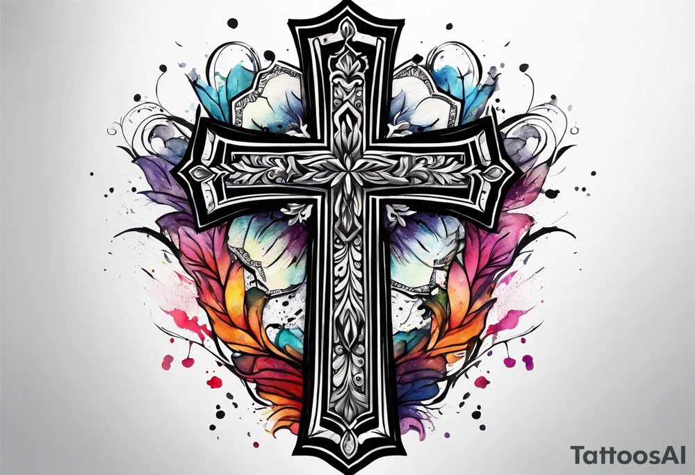 black stroke cross with watercolor backgound tattoo idea