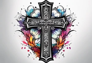 black stroke cross with watercolor backgound tattoo idea