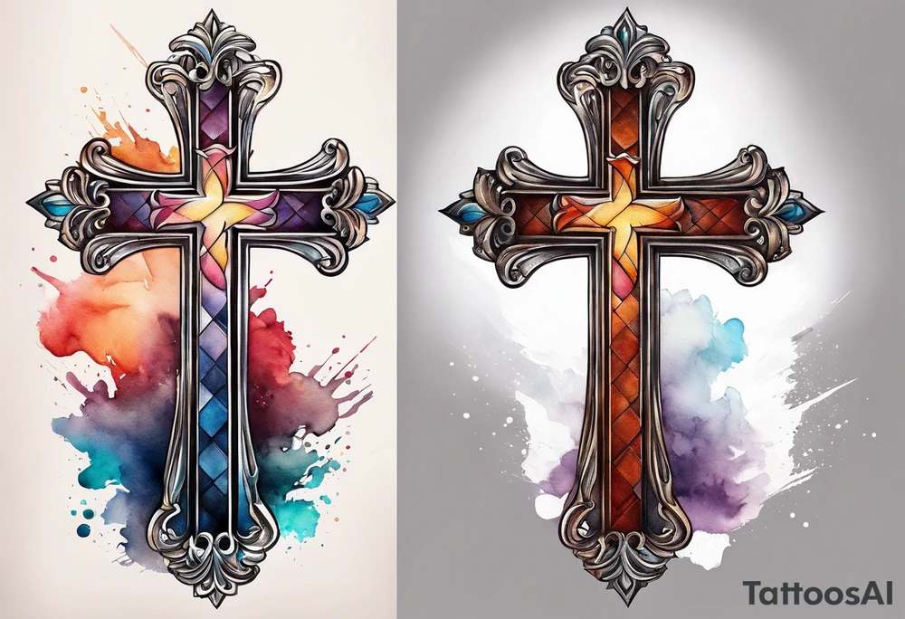 Cross made out of leather with watercolor background tattoo idea