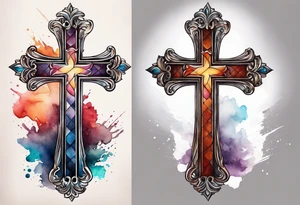 Cross made out of leather with watercolor background tattoo idea