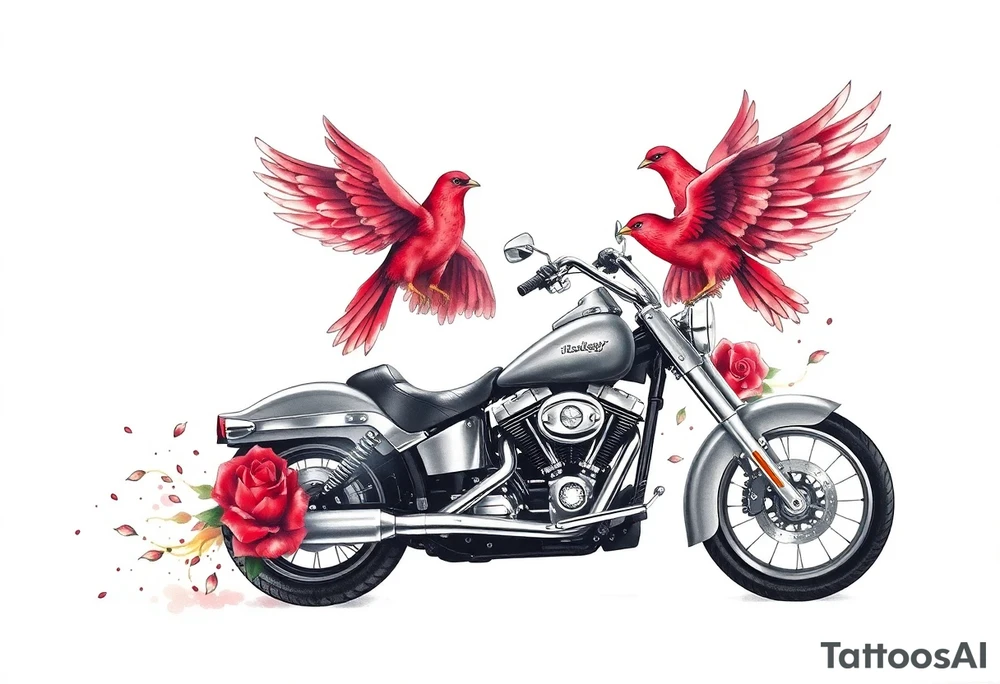 Harley grey motorcycle driving away, two red birds flying, roses, flames, angel wings tattoo idea